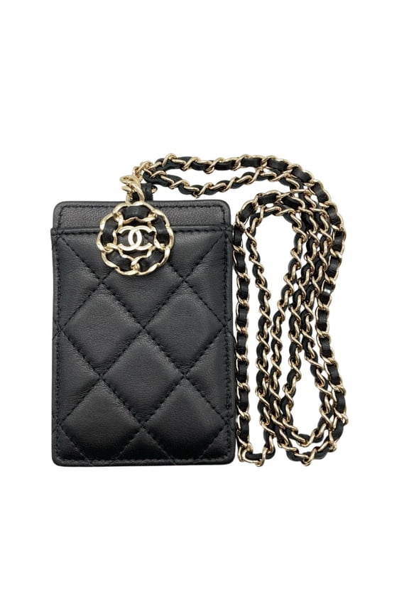 Pre-Owned CHANEL Coco Mark Matelasse Business Card Case with Chain Shoulder Strap, Lambskin,...