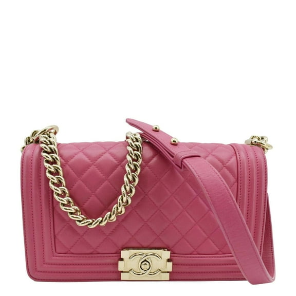 Pre-Owned CHANEL Medium Boy Flap Quilted Leather Shoulder Bag Pink