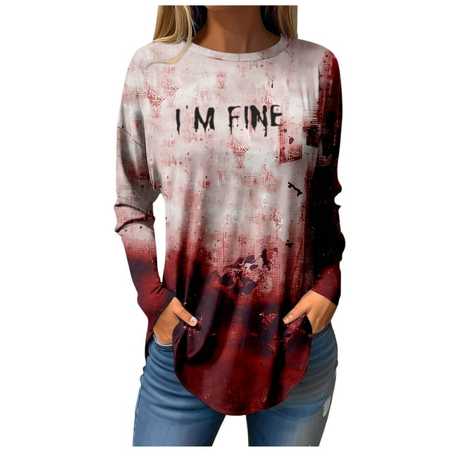 CHANGMOO Funny Halloween Shirts for Women Bloody Horror Letter Print T