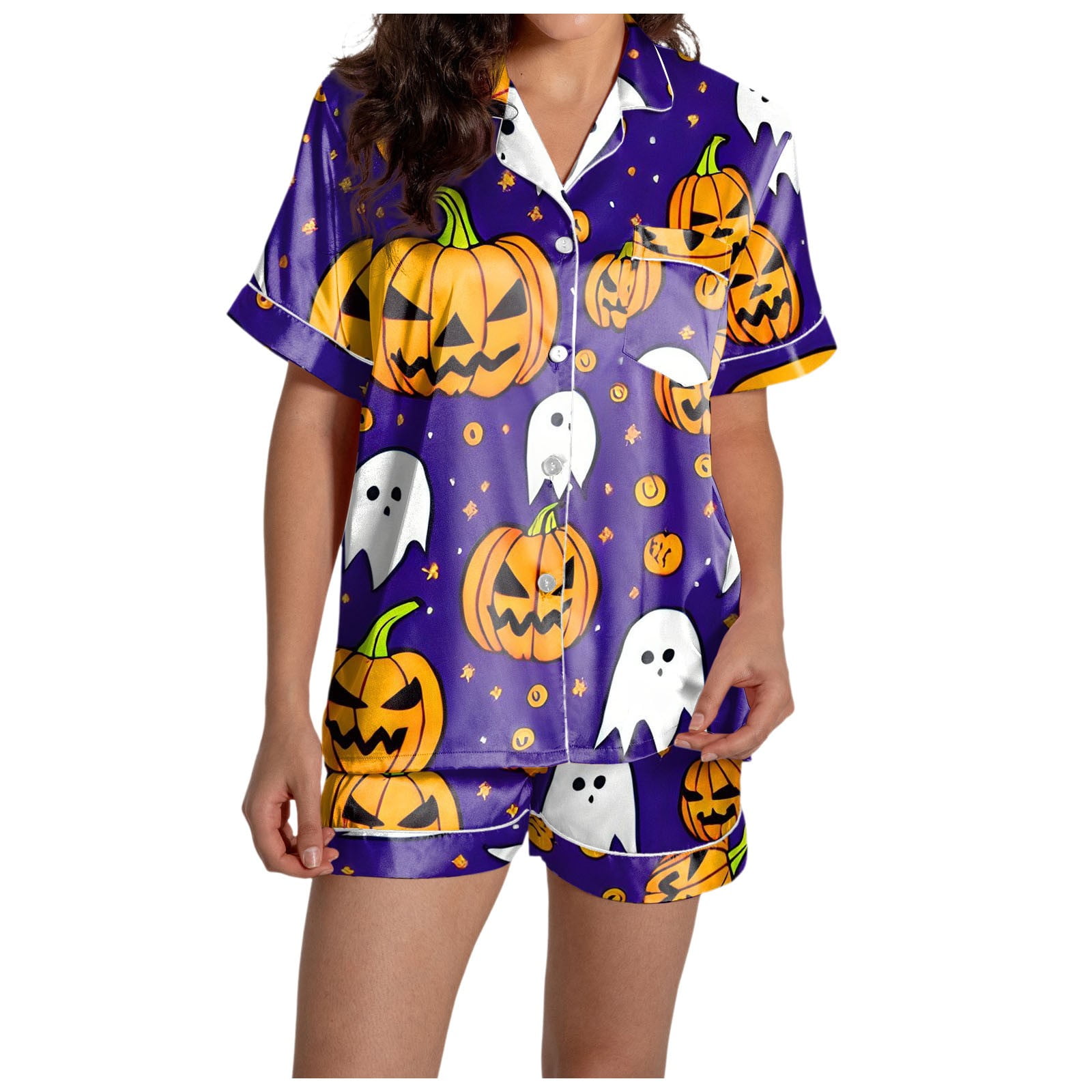 CHANGMOO Halloween Pajamas Women Ghost Print Shirt and Shorts Satin Pjs