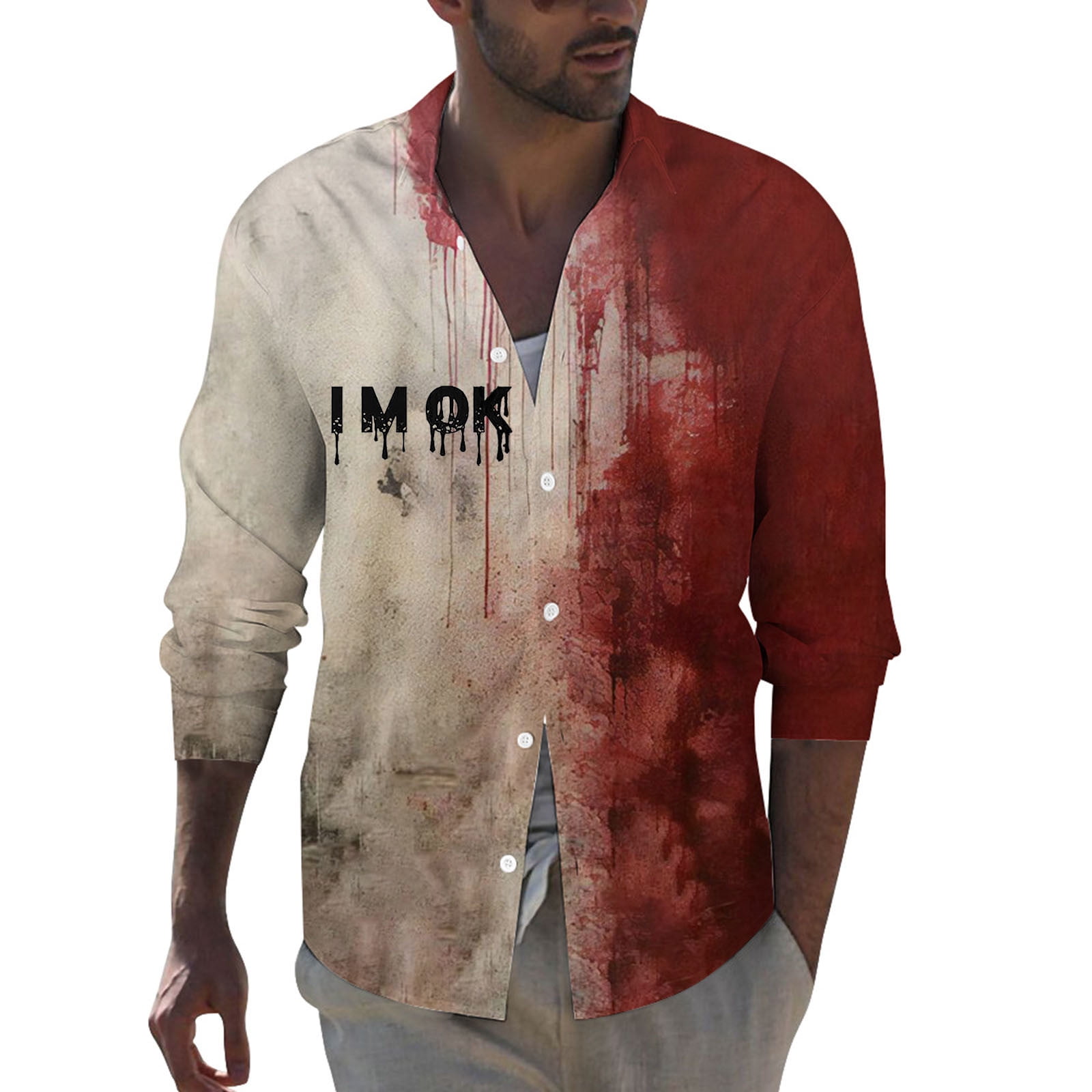 CHANGMOO Shirt Letter Print Mens Collared Shirt Hallowmas Party Mens