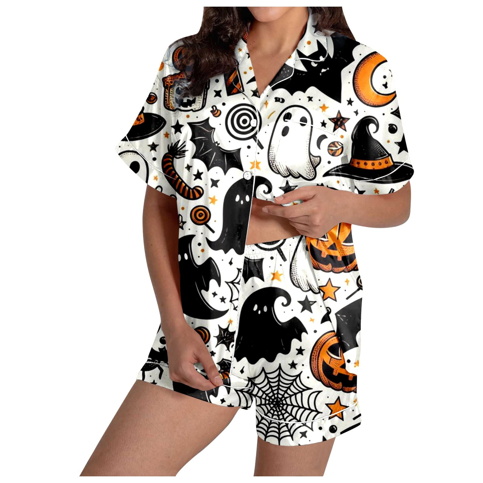 CHANGMOO Halloween Womens Silk Pajamas Horror Gohst Printed Shirt and