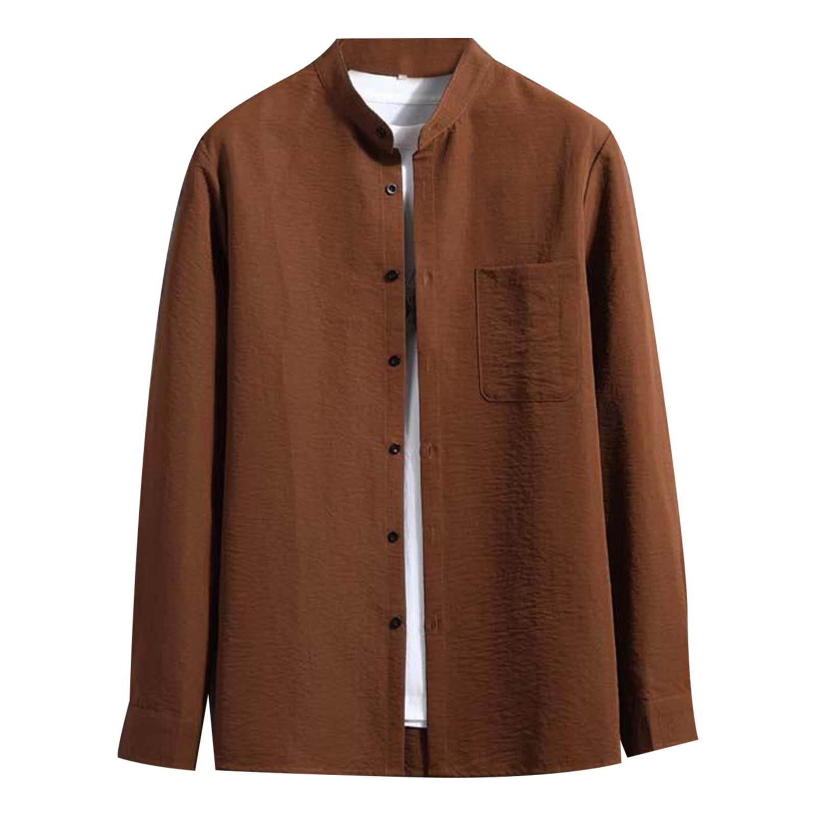 CHANGMOO Men's Long Sleeves Shirt Solid Color Stand Collar Shirt Mens