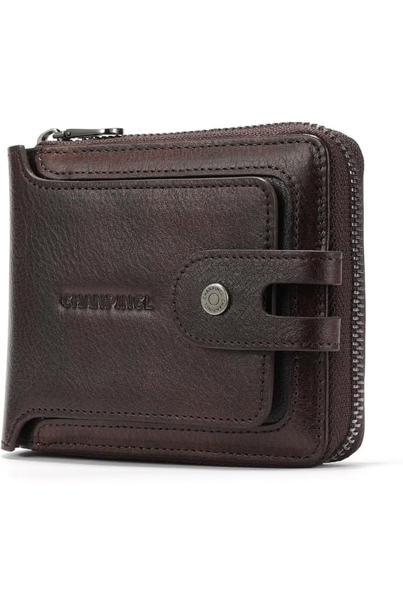 Men’s Genuine Leather RFID Wallet with Zipper, Large Capacity Driver’s License Holder, Multi-Functional Coin Pocket (Coffee)