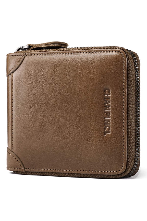 Mens Genuine Leather Zipper Wallet RFID Secure Large Capacity Double Fold Multi-card Leather Wallets for Men and coin purse (Vegetable tanned leather khaki) Y101