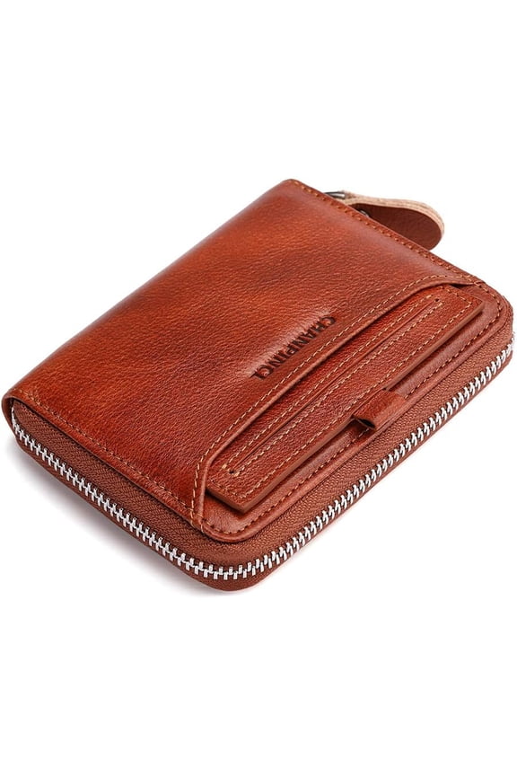 Mens Genuine Leather Zipper Wallet RFID Secure Large Capacity Multi-card Leather Wallets for Men and Extract card (Yellowish brown)