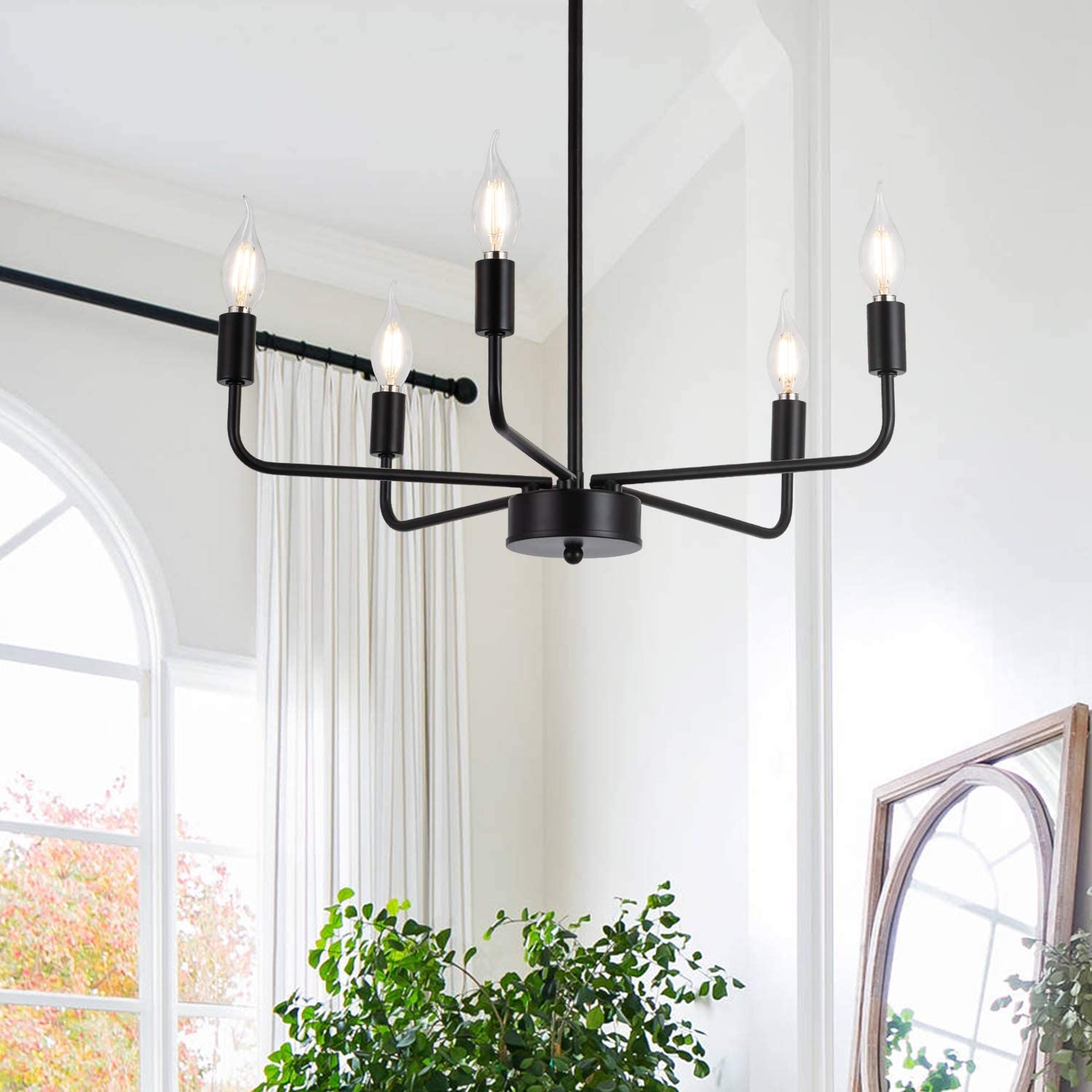 CHAOCHUANG Matte Black Chandelier Modern Farmhouse Candle Ceiling Light