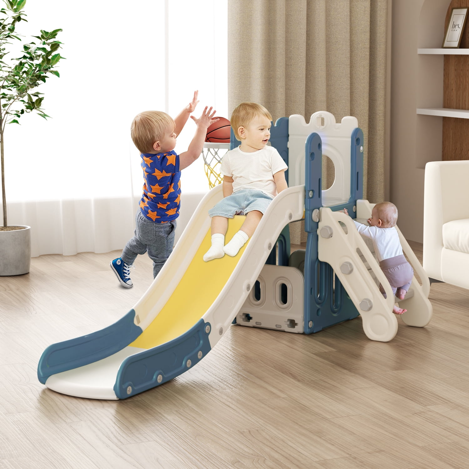 CHAOFEI 7-in-1 Toddler Freestanding Slide with Basketball Hoop, 1 Pack