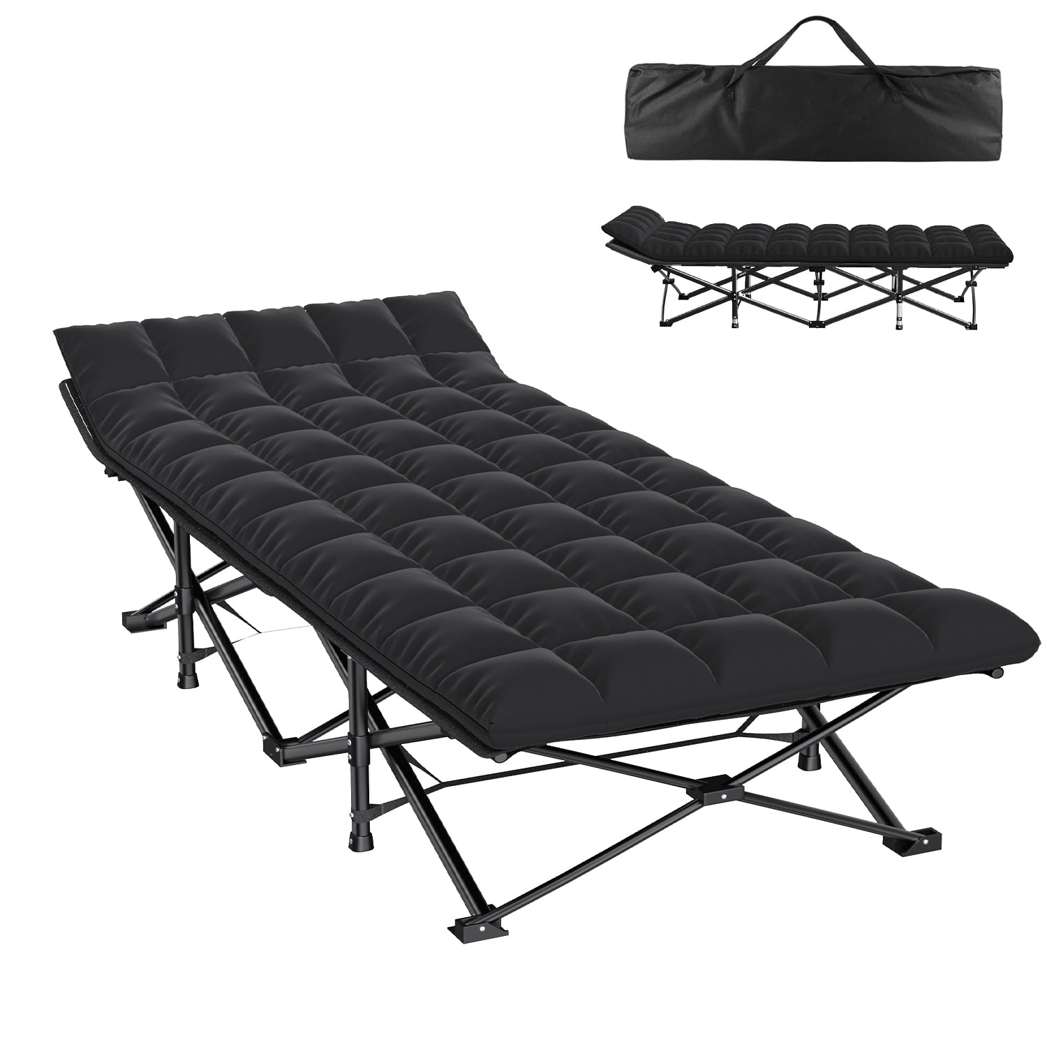 CHAOFEI Folding Camping Cot with Mattress Black,Max Load 800lbs Cots for Sleeping Camp Cots for Adults Kids Teenage Portable Travel Camp Cot Pad for Home Office Beach Garden Fishing,XXL