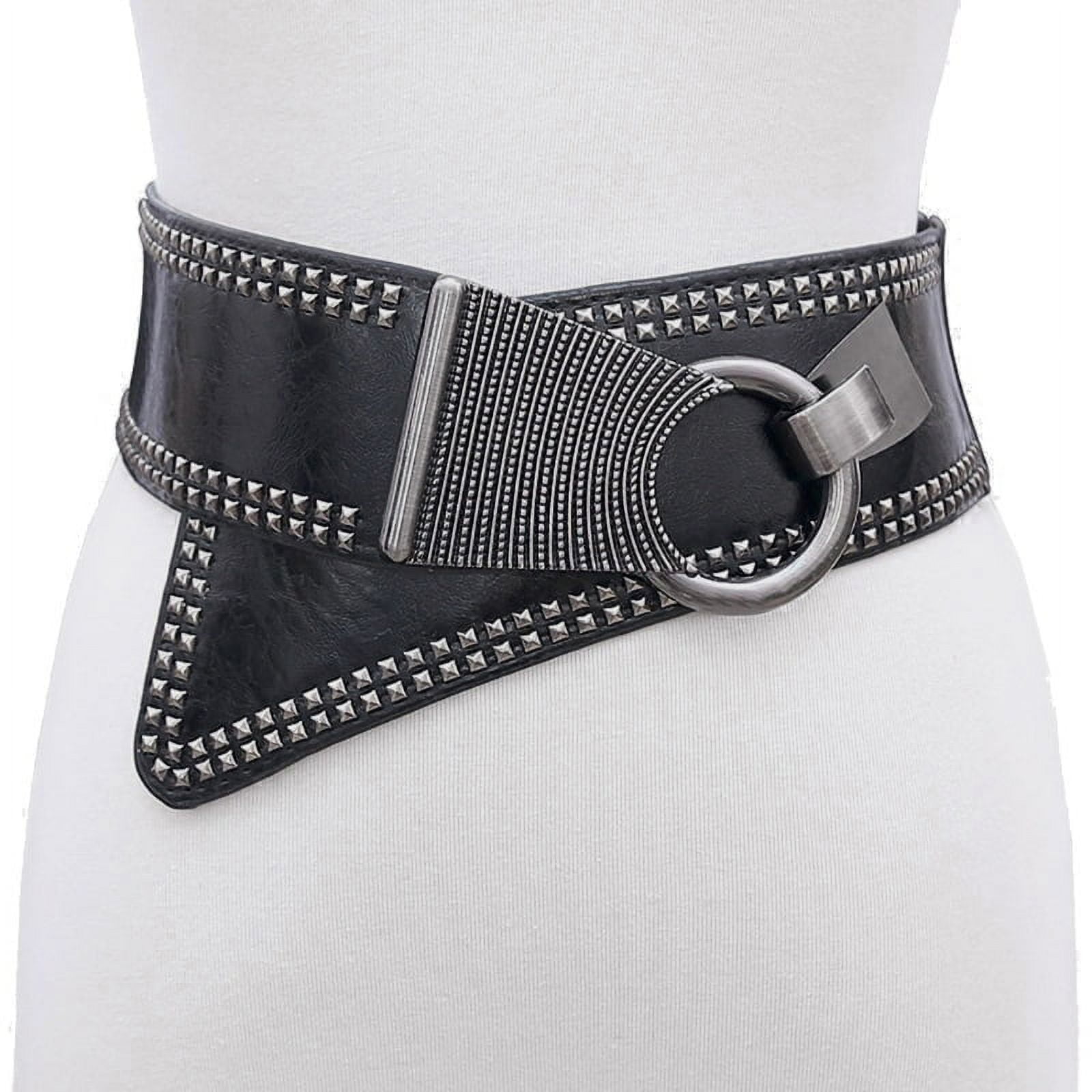 Women\'s Wide Dresses Chunky Thick Leather Waist Prong Buckle Belts Silver Khaki Wide Silver Faux Leather Belt With Big Silver Buckle by  main image 2