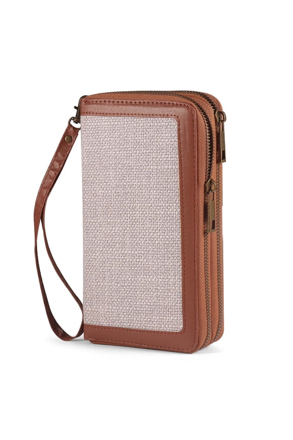 Double Zipper Wallet RFID Blocking Cellphone Wristlet for Women Large Capacity Multi Card Clutch Purse with Removable Strap, Grey Linen Brown