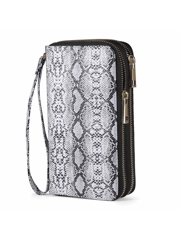 Double Zipper Wallet for Women That Hold Big Cell Phone with 17 Card Slots and Coin Pocket, RFID Blocking Anti Theft, Snakeskin
