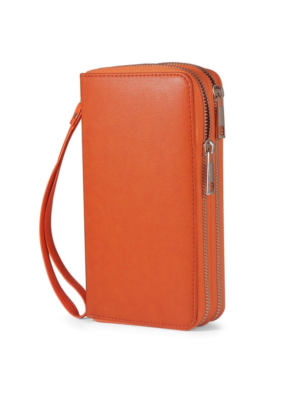 RFID Blocking Cellphone Wallet for Women Dual Zipper Wristlet Large Capacity 17 Card Slots Ladies Travel Clutch Purse with Removable Strap, Orange