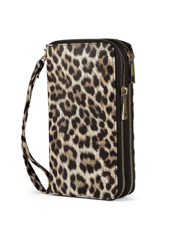 RFID Blocking Cellphone Wallet for Women with Removable Strap, Double Zipper Wristlet Bag Large Capacity, Passport Travel Clutch Purse, Leopard