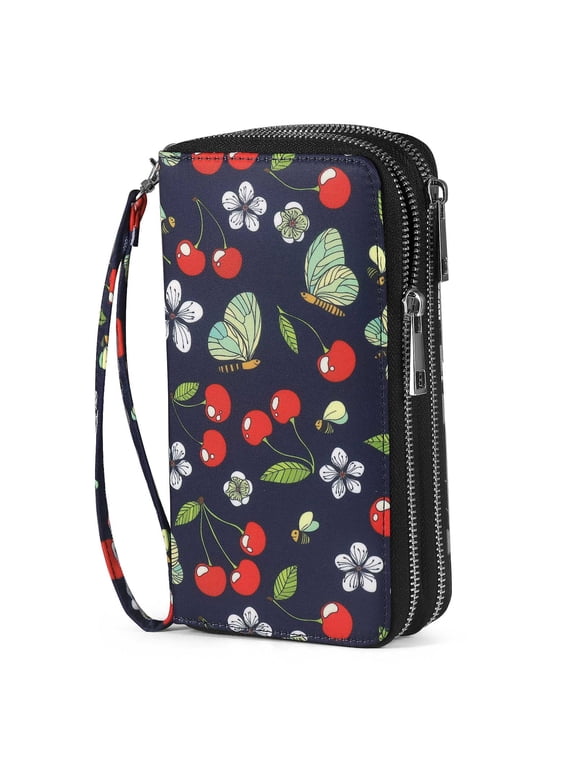 RFID Blocking Cellphone Wallet for Women with Wrist Strap, Double Zipper Travel Clutch Purse Large Capacity, Cherry