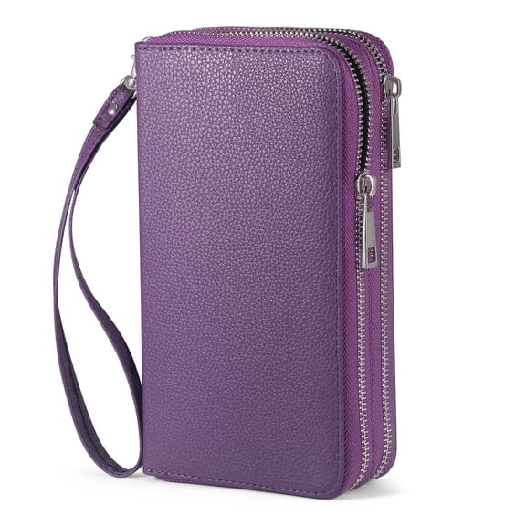 CHAOYUNYI RFID Blocking Cellphone Wallet for Women with Wrist Strap, Double Zipper Travel Clutch Purse Large Capacity, Purple