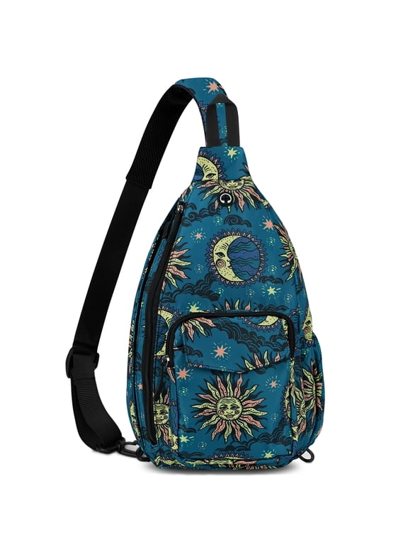 Rope Sling Bag for Women Crossbody Chest Bag Convertible from Left to Right, Water Repellent Gym Backpack, Anit Theft, Sun and Moon