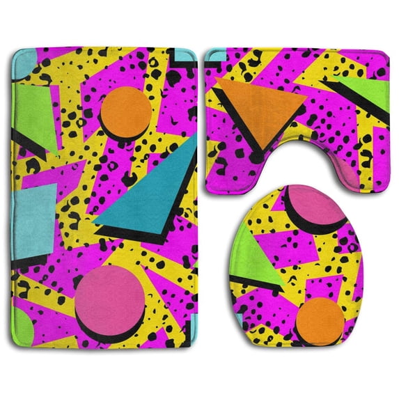 CHAPLLE 80s Memphis 3 Piece Bathroom Rugs Set Bath Rug Contour Mat and Toilet Lid Cover