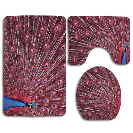 CHAPLLE A Beautiful Male Peacock Displays His Plumage Majestic Surreal Wildlife Theme Art 3 Piece Bathroom Rugs Set Bath Rug Contour Mat and Toilet Lid Cover