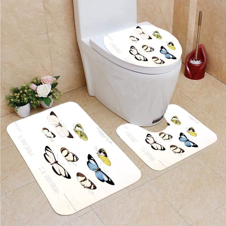 CHAPLLE A Butterfly 3 Piece Bathroom Rugs Set Bath Rug Contour Mat and Toilet Lid Cover