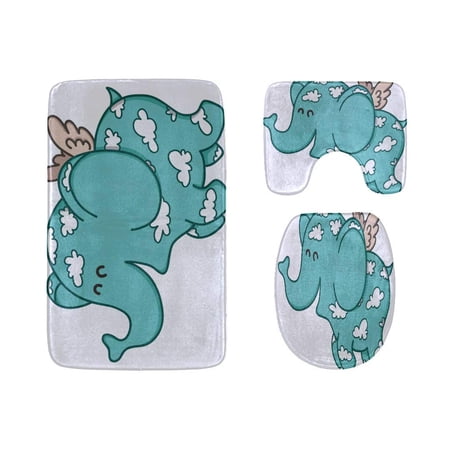 CHAPLLE A Cute Baby Elephant Floating 3 Piece Bathroom Rugs Set Bath Rug Contour Mat and Toilet Lid Cover