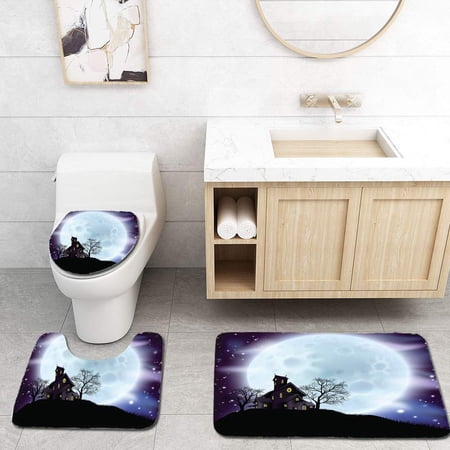 CHAPLLE A Scary a Halloween Themed House 3 Piece Bathroom Rugs Set Bath Rug Contour Mat and Toilet Lid Cover