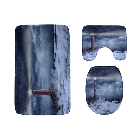 CHAPLLE A Shining Lighthouse 3 Piece Bathroom Rugs Set Bath Rug Contour Mat and Toilet Lid Cover