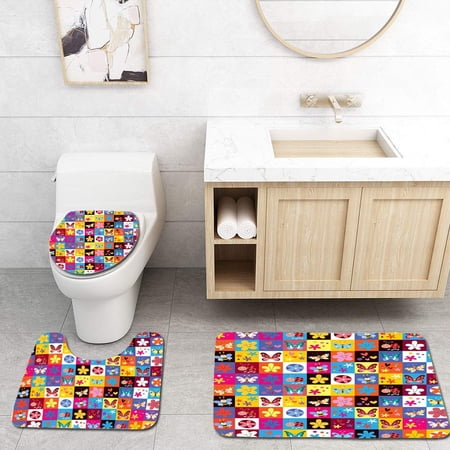 CHAPLLE Abstract Butterflies Beetles Flowers Bees Bugs Hearth Spring Lovely Hippie Season 3 Piece Bathroom Rugs Set Bath Rug Contour Mat and Toilet Lid Cover