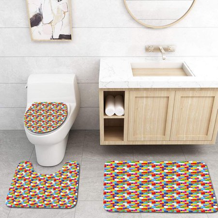 CHAPLLE Abstract Colorful Squares in Mosaic Style Ornamental Vibrant Geometric Elements 3 Piece Bathroom Rugs Set Bath Rug Contour Mat and Toilet Lid Cover