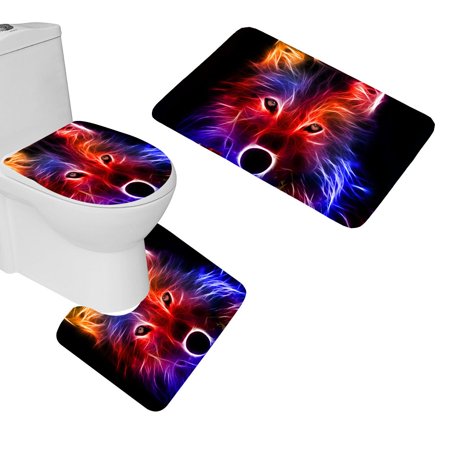 CHAPLLE Abstract Colorful Wolf 3 Piece Bathroom Rugs Set Bath Rug Contour Mat and Toilet Lid Cover