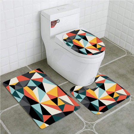 CHAPLLE Abstract Cubist Art Several Multicolored Geometrical Shapes Forming a Unified 3 Piece Bathroom Rugs Set Bath Rug Contour Mat and Toilet Lid Cover