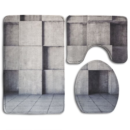 CHAPLLE Abstract Geometric Concrete 3 Piece Bathroom Rugs Set Bath Rug Contour Mat and Toilet Lid Cover