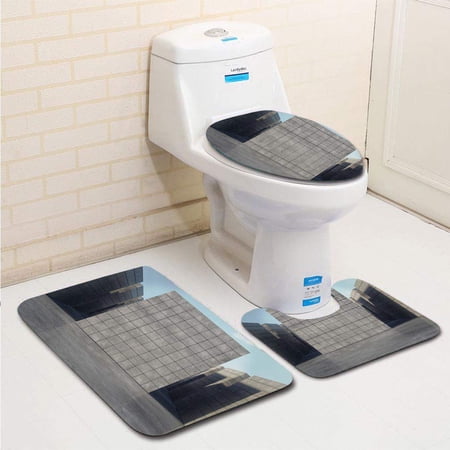 CHAPLLE Abstract Geometric Space Concrete 3D Rendering 3 Piece Bathroom Rugs Set Bath Rug Contour Mat and Toilet Lid Cover