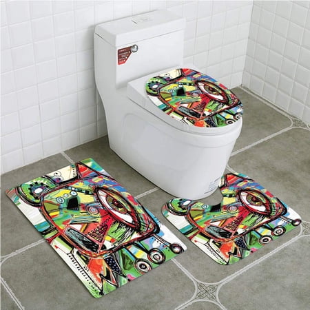 CHAPLLE Abstract Home Doodle Bird Character Eyes Eyesight Goofy Portrait Unusual Retro 3 Piece Bathroom Rugs Set Bath Rug Contour Mat and Toilet Lid Cover