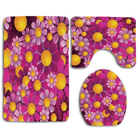 CHAPLLE Abstract Home Flowers Cartoon Summertime Garden Happy Cheering Flourish 3 Piece Bathroom Rugs Set Bath Rug Contour Mat and Toilet Lid Cover