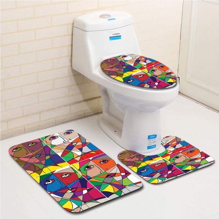 CHAPLLE Abstract Home Abstract Woman Face Behind Stained Glass Human Facial Feature 3 Piece Bathroom Rugs Set Bath Rug Contour Mat and Toilet Lid Cover