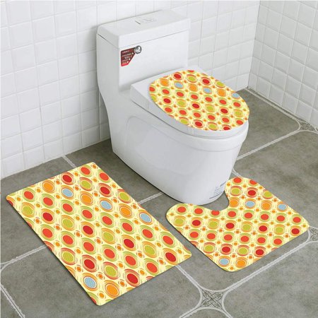 CHAPLLE Abstract Repeating Colorful Big Little Polka Dots Circles Diagonal Striped 3 Piece Bathroom Rugs Set Bath Rug Contour Mat and Toilet Lid Cover
