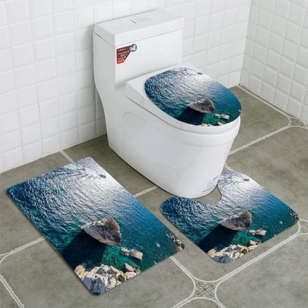 CHAPLLE Aerial View on White Limestone Cliffs Cliffs Bonifacio Boats Sailing Tourists 3 Piece Bathroom Rugs Set Bath Rug Contour Mat and Toilet Lid Cover