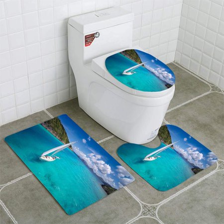 CHAPLLE Aerial View a sloop Sailing Through Caribbean 3 Piece Bathroom Rugs Set Bath Rug Contour Mat and Toilet Lid Cover