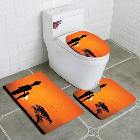 CHAPLLE Afro Child and Mother at Sunset Walking in Savannah Desert Dawn Kenya Nature 3 Piece Bathroom Rugs Set Bath Rug Contour Mat and Toilet Lid Cover