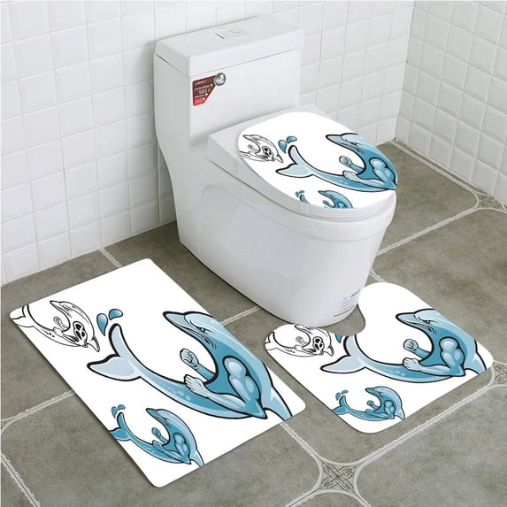 CHAPLLE Aggressive Dolphin Mascot 3 Piece Bathroom Rugs Set Bath Rug Contour Mat and Toilet Lid Cover