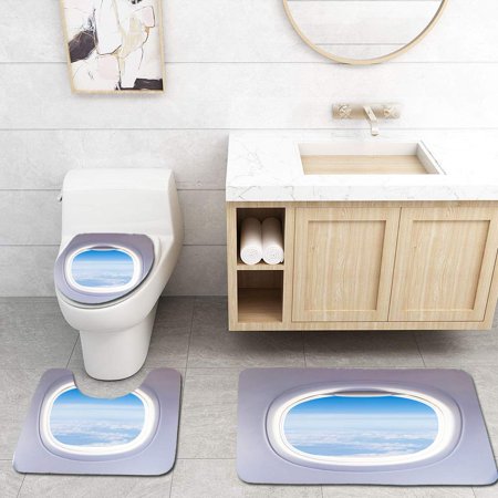 CHAPLLE Aircraft Windows Airplane Windows 3 Piece Bathroom Rugs Set Bath Rug Contour Mat and Toilet Lid Cover