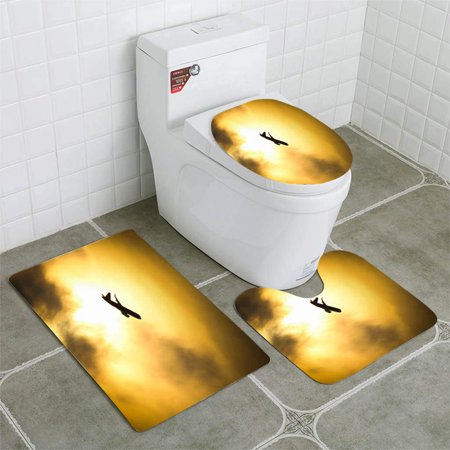 CHAPLLE Airplane Flying Cross Sunset and Cloudy Sky 3 Piece Bathroom Rugs Set Bath Rug Contour Mat and Toilet Lid Cover