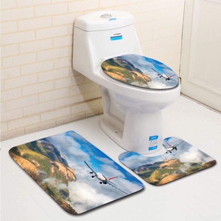 CHAPLLE Airplane Landscape passenger airplane is flying over mountains forest clo 3 Piece Bathroom Rugs Set Bath Rug Contour Mat and Toilet Lid Cover