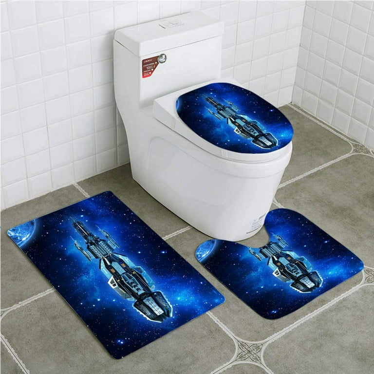 Chaplle Old Alien Spaceship in Deep Space Dirty Spacecraft Flying in Universe Stars in Ufo Bot 3 Piece Bathroom Rugs Set Bath Rug Contour Mat and