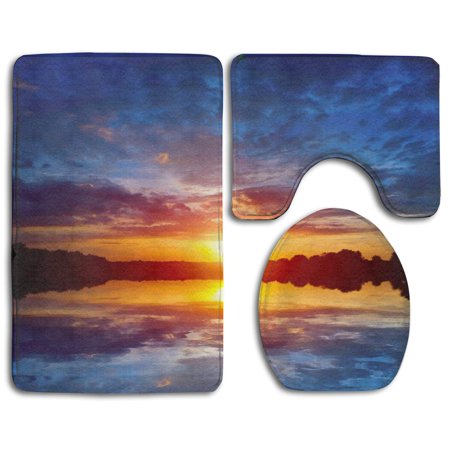 CHAPLLE Amazing Beautiful Sunset Reflection 3 Piece Bathroom Rugs Set Bath Rug Contour Mat and Toilet Lid Cover