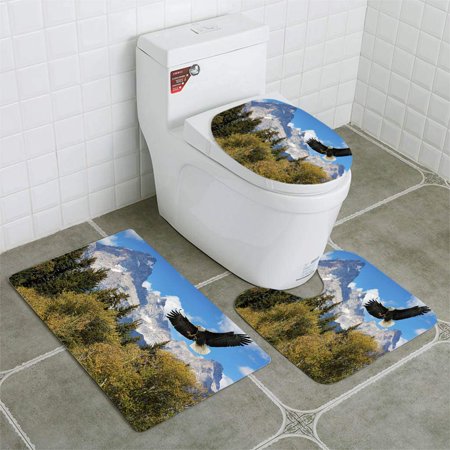 CHAPLLE American Bald Eagle Majestic Grand Tetons Mountains 3 Piece Bathroom Rugs Set Bath Rug Contour Mat and Toilet Lid Cover
