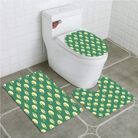 CHAPLLE American Football Retro Style Rugby Helmets and Balls Championship 3 Piece Bathroom Rugs Set Bath Rug Contour Mat and Toilet Lid Cover
