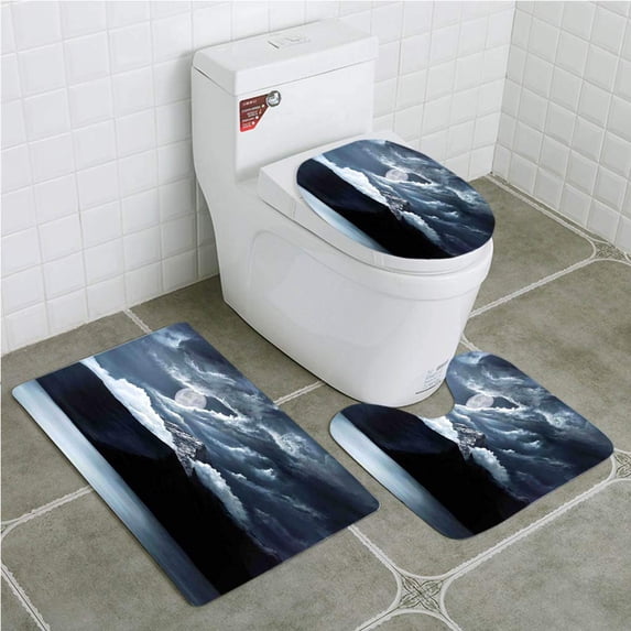 CHAPLLE Americana Landscape Moon Over Lake and Hills Dark Storm Clouds Twilight 3 Piece Bathroom Rugs Set Bath Rug Contour Mat and Toilet Lid Cover