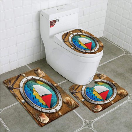CHAPLLE Anchor Metallic Porthole Bolts Seashells Rusty Anchor and Boat Journey Voyage 3 Piece Bathroom Rugs Set Bath Rug Contour Mat and Toilet Lid Cover